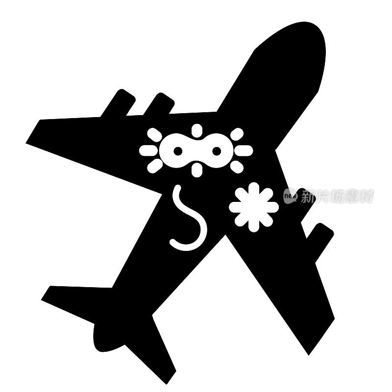 感冒和流感病毒飞机或旅行感染图标- 100%固体黑色填充